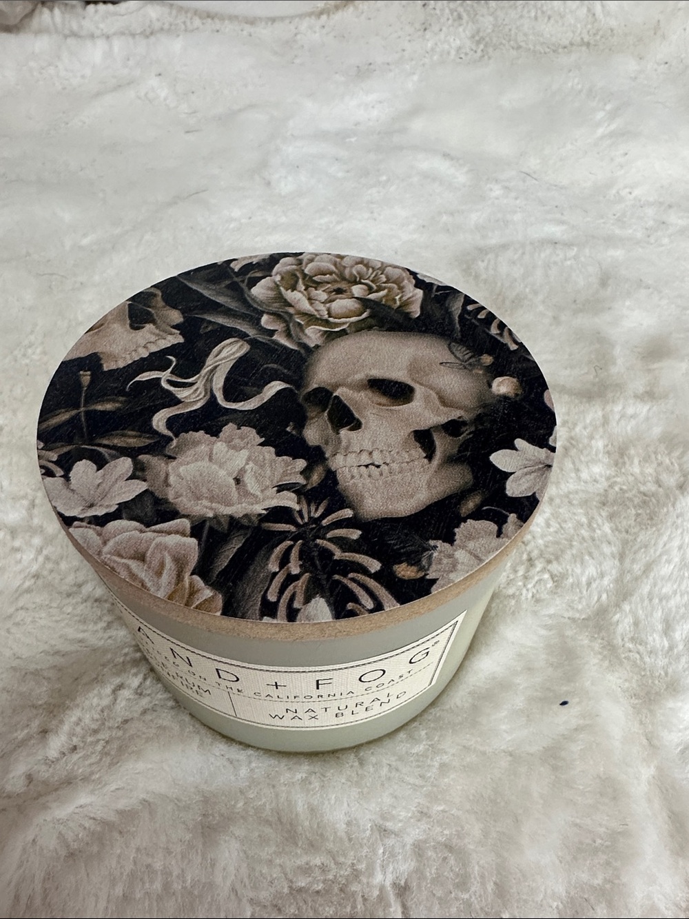 Sand + fog apple rum bonfire floral skull candle